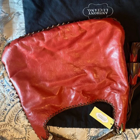 Custom made Anthony Luciano leather red brown hobo bag purse tassels - Picture 9 of 13